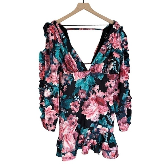 NEW ASOS Plunge Frill Sleeve Mini Dress in Pink and Blue Rose‎ Floral Size 12 - Picture 1 of 14